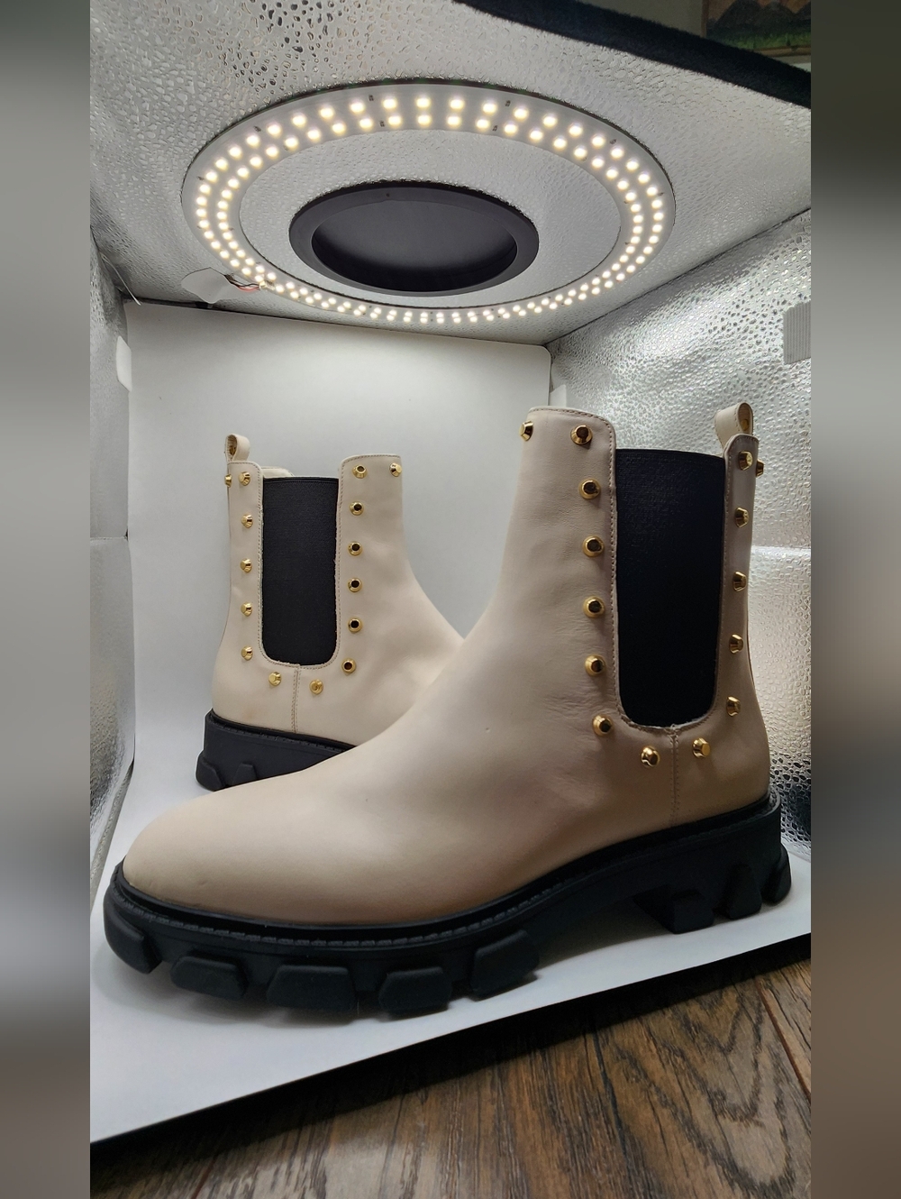 Beige Chelsea Combat Boots with Gold Studs